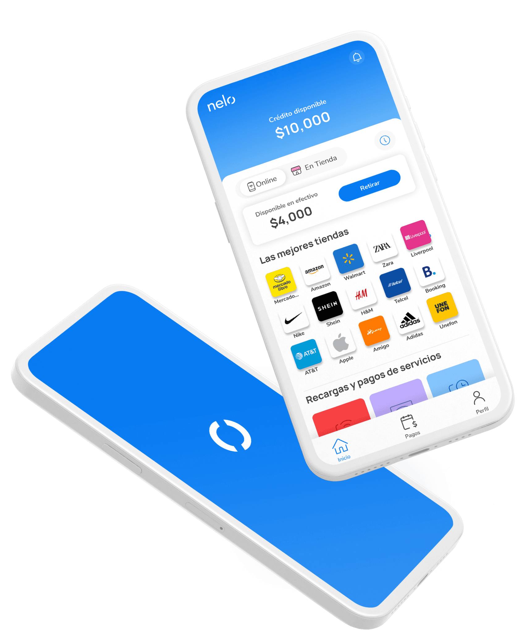 Pantalla de inicio de la app de Nelo con el crédito disponible, el efectivo disponible para retirar y las tiendas donde usarlo