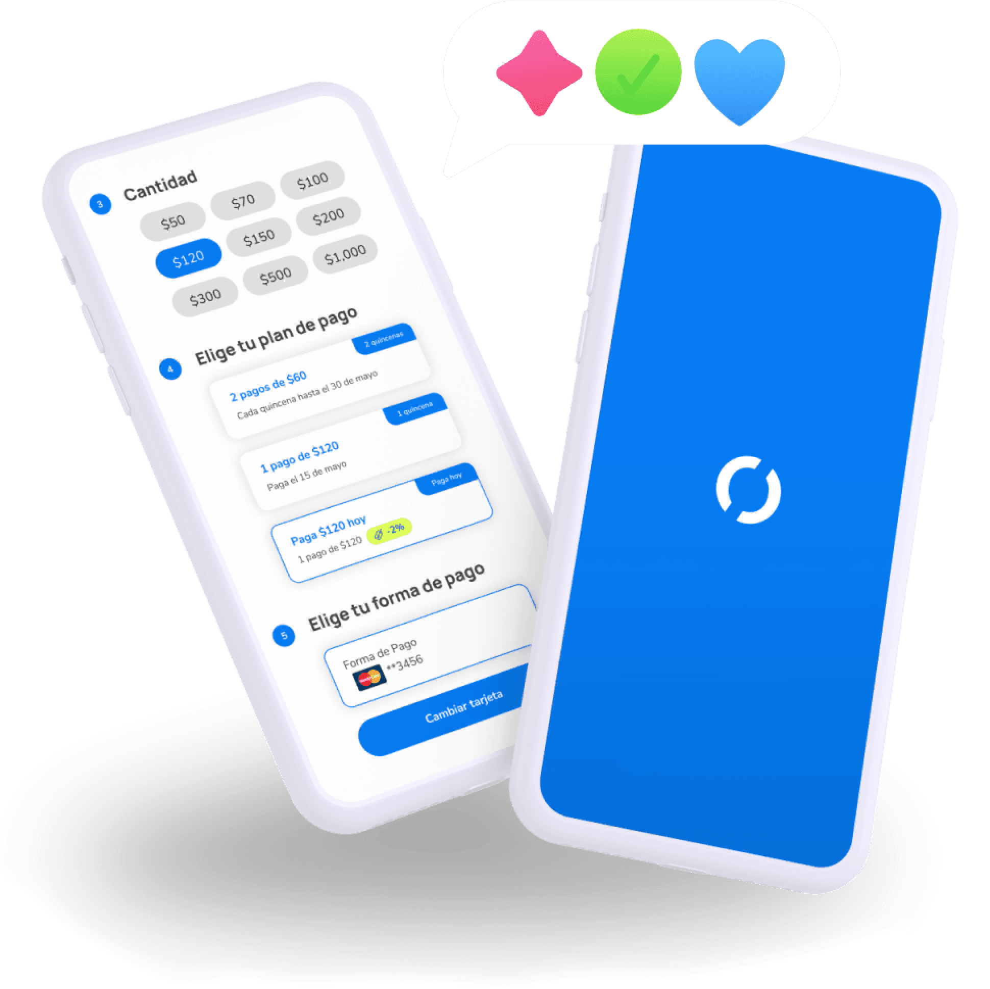 App de Nelo mostrando la elección de monto, el plan de pagos a quincenas y la forma de pago